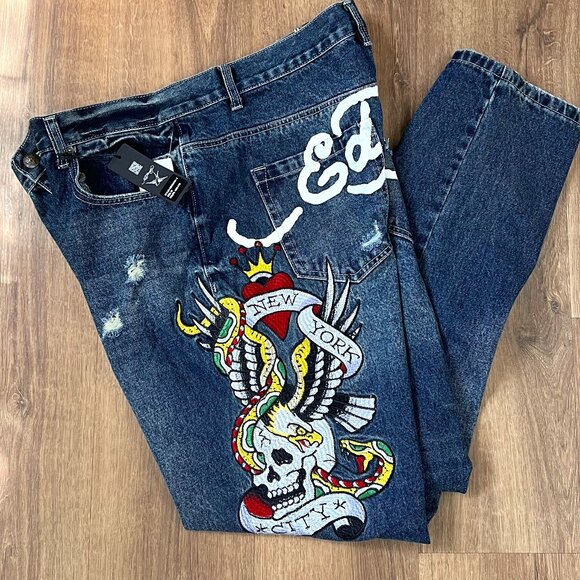 NEW Ed Hardy NYC Skull Snake Eagle Tattoo Slim Fit Distressed Jeans